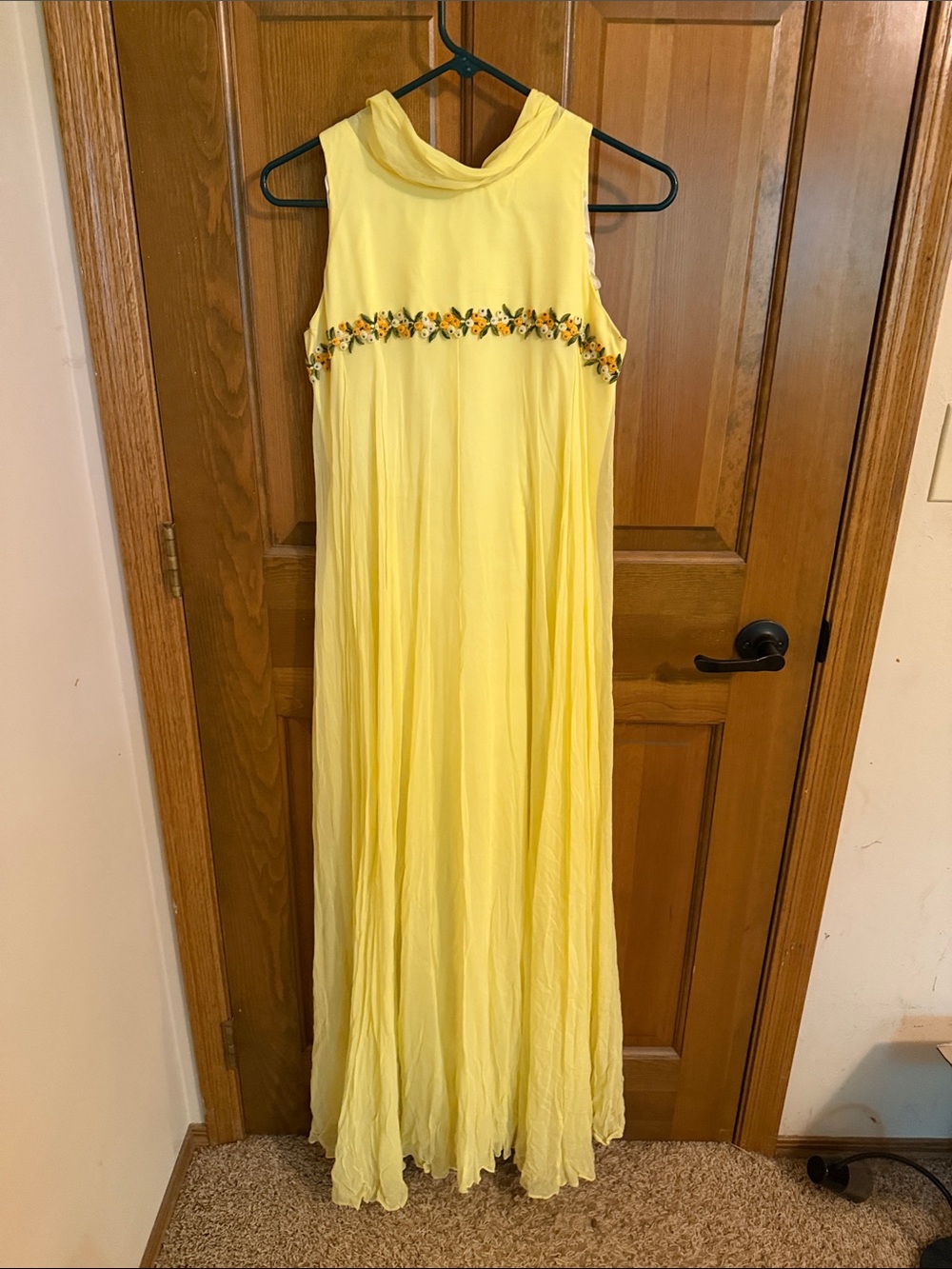 Vintage 70s ILGWU Union Yellow Chiffon Embroidered Floral Maxi Dress Fair Con.